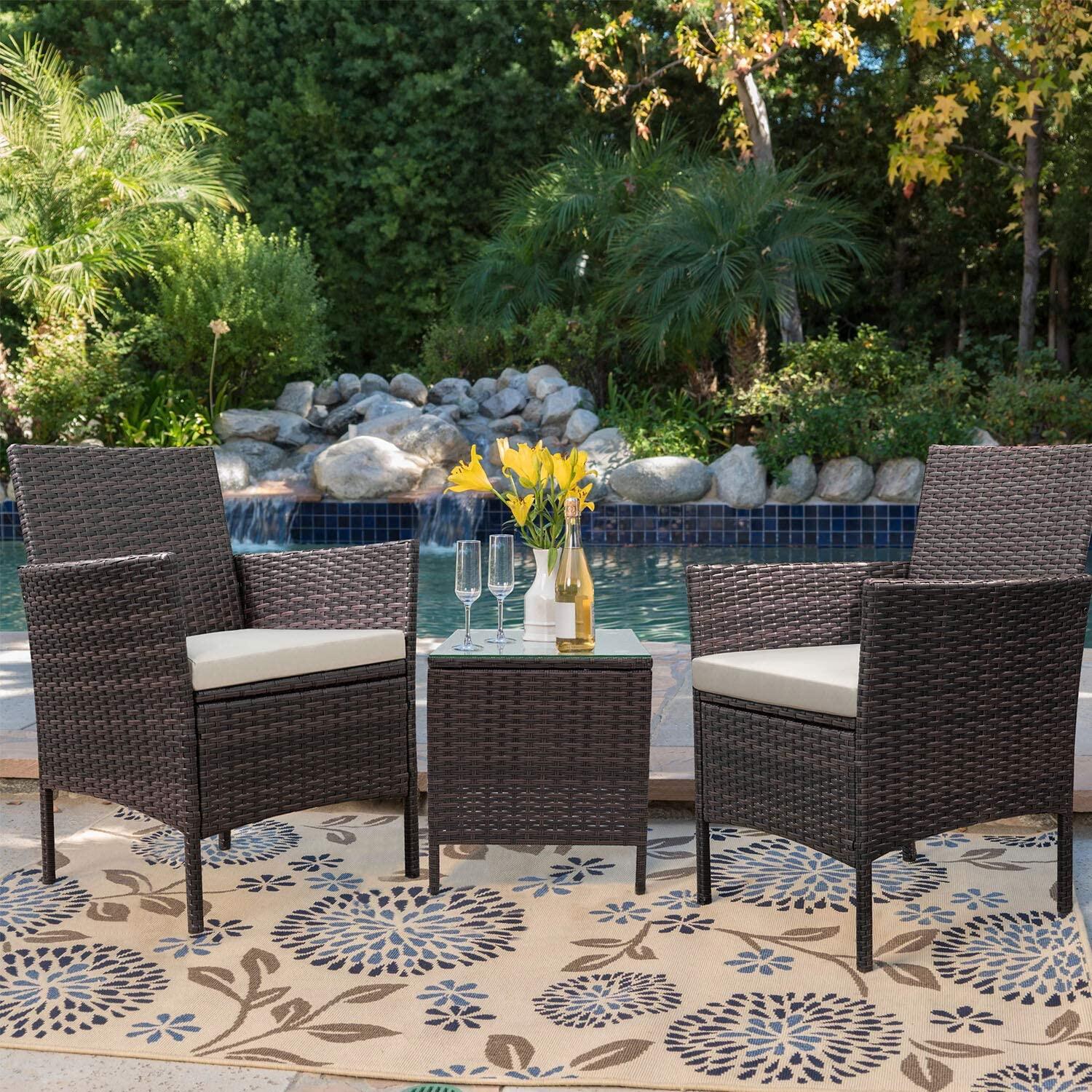 Kimdelin Patio Porch Furniture Sets 3 Pieces PE Rattan Wicker Chairs with Table Outdoor Garden Furniture Sets (Brown/Beige)